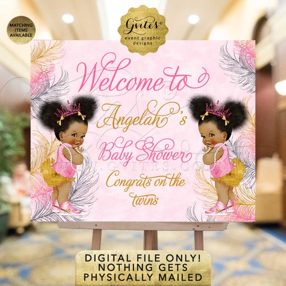 Welcome Pink Gold Twins Baby Shower Printable Sign