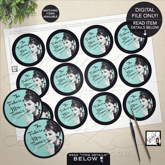 Audrey Hepburn Printable Popcorn Stickers Party Breakfast at decor tags, stickers, toppers, 2.25x2.25" 12/Per Sheet, Gvites