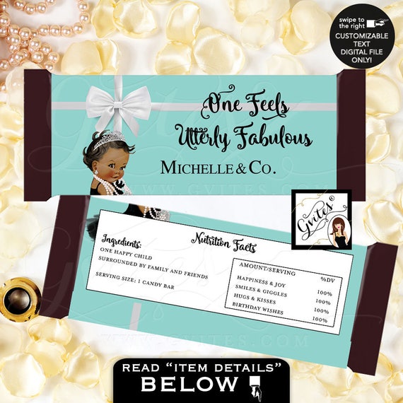 Personalized Princess First Birthday Candy Bar Wrappers Printable. Baby Audrey Hepburn Tutu Black Dress Party 5.75x5.25"