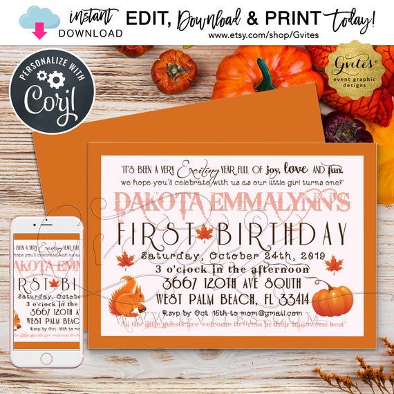 Blush Pink Pumpkin First Birthday Girl Invitation/Autumn vintage/Halloween turning one. 7x5" Double Sided. INSTANT Download