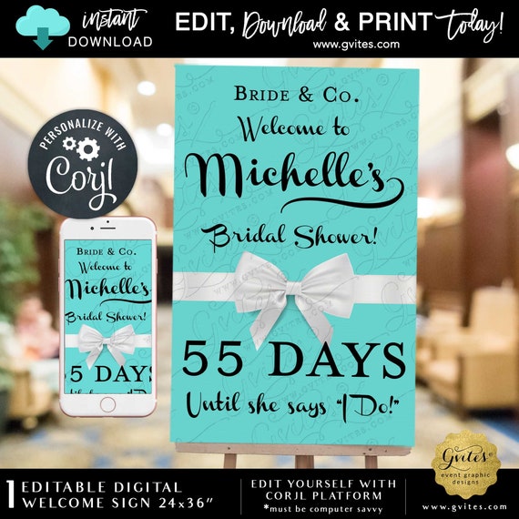 Countdown Welcome bridal shower sign. Bride & Co Printable Edit yourself. 24x36"