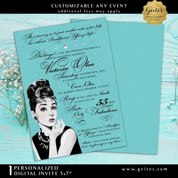 55th Adult Birthday Breakfast at Blue Audrey Hepburn Theme Digital Invitation