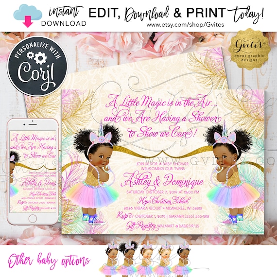 Unicorn Princess Invitation | Baby Shower Afro Puff Printable | Instant Download | Edit Yourself 7x5"