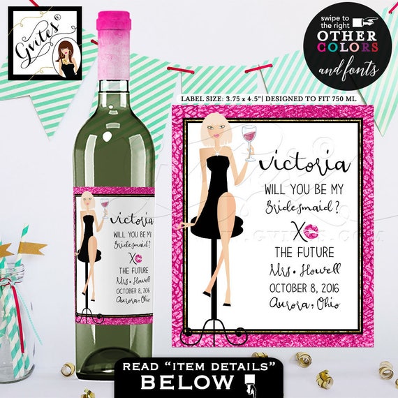 Wine Label Bridesmaid Bottle, pink black gold glitter, will you be my bridesmaid printable labels favors gifts. {3.75x4.5"/4 Per Sheet}