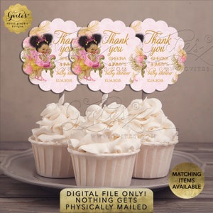Personalized Pink and Gold Cupcake Toppers Baby Shower Princess Afro Puffs | 2.5x2.5&quot;/ 9 Per Sheet {Avery® 08218}