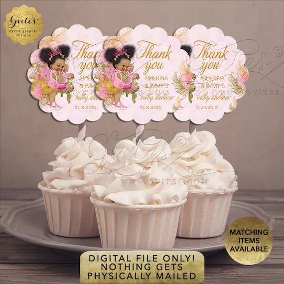 Pink and Gold Cupcake Toppers Baby Shower Princess Afro Puffs | 2.5x2.5"/ 9 Per Sheet {Avery® 08218} Il_570xn