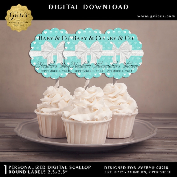 Cupcake Toppers Baby Shower Personalized Baby & Co | Round SCALLOP Stickers Table Decor | 2.5x2.5" 12 Per Sheet Designed for Avery® 08218