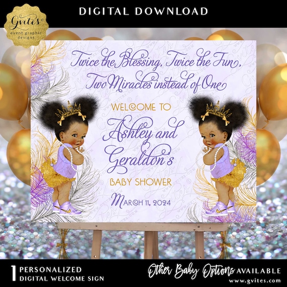 Afro Puffs Princess Twins Baby Shower Welcome Sign Periwinkle Plum Orchid Silver & Lava-Gold Watercolor Feathers 24x18"