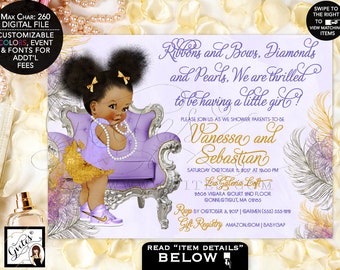 Lavender Silver Ribbons Bows Diamonds and Pearls Baby Shower Invitation