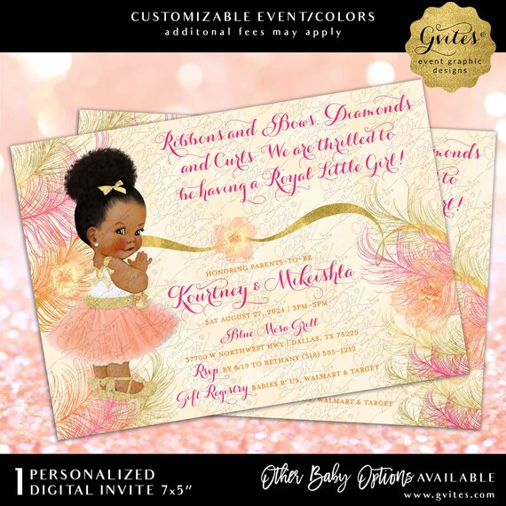 Peach Gold & Pink Ballerina Baby Shower Printable Invitation | Digital File JPG + PDF 7x5"