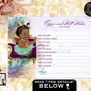 Tarjetas de consejos de pavo real y buenos deseos para baby / baby shower de pavo real Deseos de consejos de princesa para bebé afroamericano. {5x7" 2 por hoja}