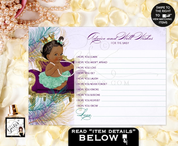Peacock advice cards and well wishes for baby/ peacock baby shower Princess advice wishes for baby African American. {5x7" 2 Per Sheet}