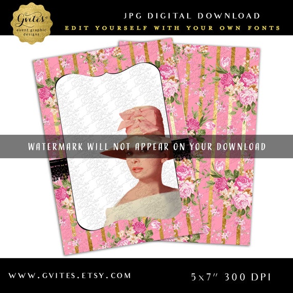 Shabby Chic Floral Pink Hues and Gold 50th Birthday DIY Template Printable JPG File.