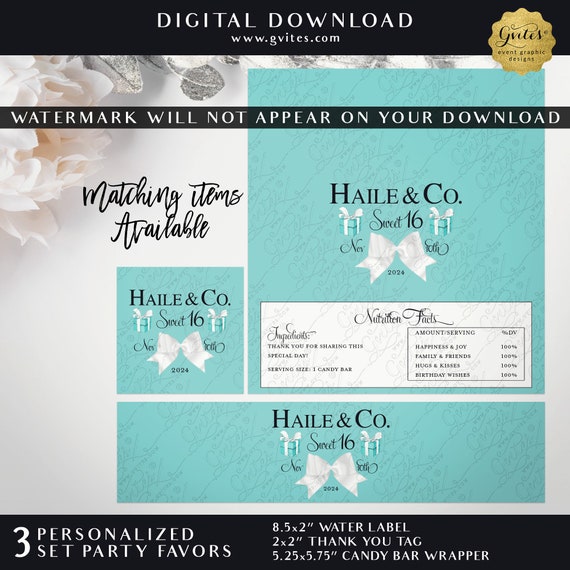 Printable Sweet 16 Party Favors / 8x2" Water Label / 5.25x5.75" Candy Bar Wrapper / 2x2 tags / Digital Download Set of 3