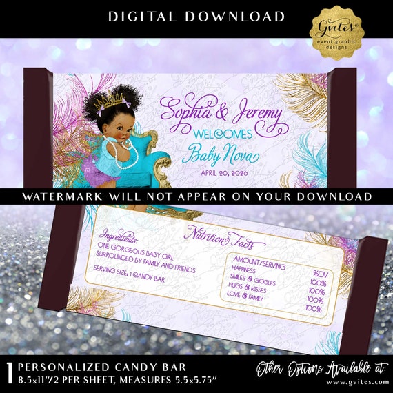 Candy Bar Wrapper Baby Shower Chocolate Favors Digital Download | Turquoise Purple & Gold Party Favors | 5.5x5.75”/2 Per Sheet