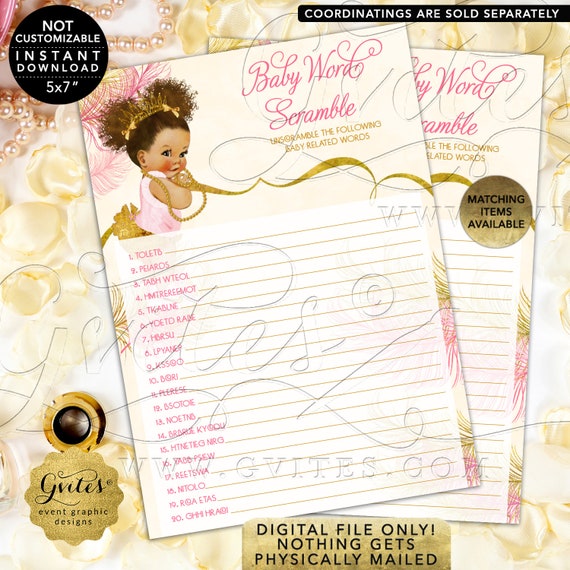 Baby Word Scramble Game Cards Pink Ivory Gold | Med/Puffs Curly | Instant Download JPG + PDF 5x7" 2 Per/Sheet | By Gvites Design: TIACE-101