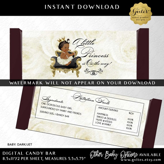 Printable Candy Bar Wrapper A Little Princess is On The Way | Baby: Dark/Jet | 5.5x5.75"/2 Per Sheet | Instant Download