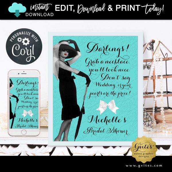 Audrey Hepburn Blue Theme Editable Breakfast at game sign. | Bridal Shower Pearl Necklace Game Digital Instant Download 8x10"