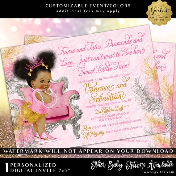 Afro Puffs Pink Gold & Silver baby shower invitation | Tiaras and Tutus, Diamonds and Lace...Just can't wait to see her sweet little face!
