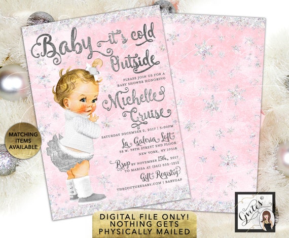 Pink & Silver Glitter Baby it's Cold Outside Invitations/ Snowflake Winter Wonderland 5x7 double sided. Gvites Il_570xn