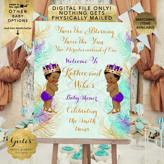 Welcome Sign Twins Baby Boy Shower African American Little Prince | Royal Purple Eggplant Mint Green Gold
