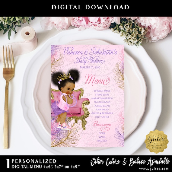 Menu Cards Pink Purple Gold Baby Shower/ Princess Printable Afro Puffs/ Vintage Baby Girl/ Gold Crown DIY/ Digital/ 4x6"/ 5x7" or 4x9