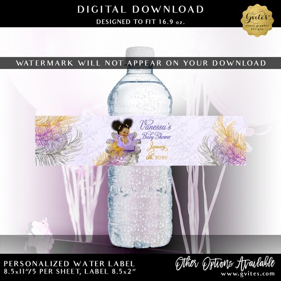 Baby Shower Purple Gold Lavender Silver Personalized Water Bottle Labels  8x2/5 Per Sheet Digital Download