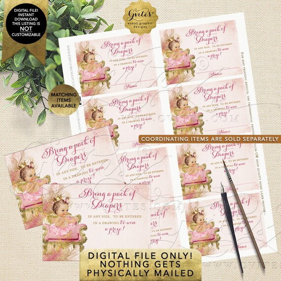 Diaper Raffle Tickets Blush Pink Gold Royal Princess Baby Shower Diamonds Pearls | Light/ Brunette 3.5x2.5 8 per Sheet Instant Download