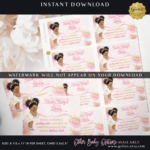 Baby Shower Book Request Pink & Gold Princess Afro Puffs Curly Instant Download JPG + PDF