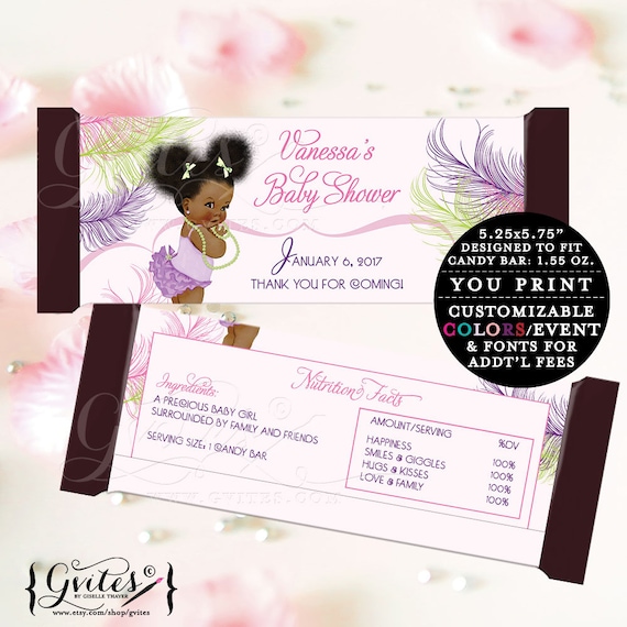 Candy wrappers baby shower/ pink lavender purple and green/ afro puffs african american girl/ printable party labels/ favors. 2-Per/ Sheet