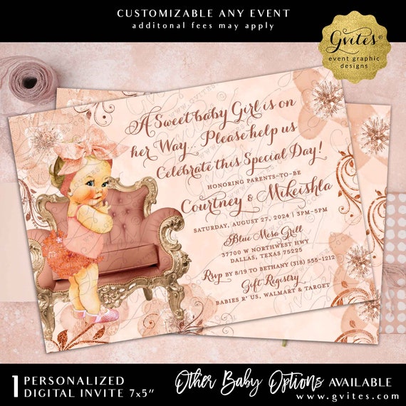 Floral Big Bow Baby Shower Rose Gold Printable Invitation