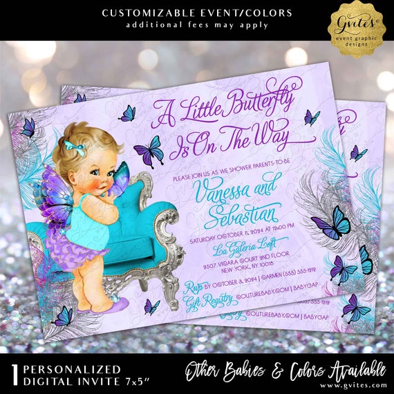 Girl Butterfly Princess Sparkly Feathers Lavender Turquoise Baby Shower Printable Invitation 7x5"