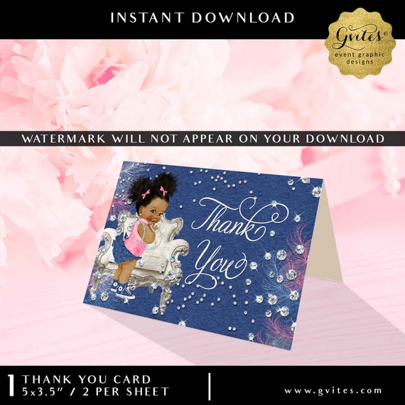 Denim and Diamonds Printable Thank You Note Card | Digital Instant Download | Dark Puffs Curly | 5x 3.5"/2 Per/Sheet