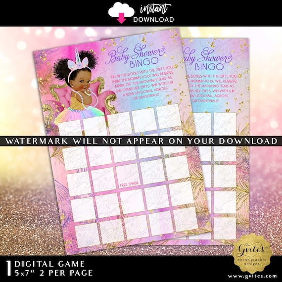 Unicorn Baby Shower Game Bingo | Afro Puffs Princess Girl. Rainbow Pink Purple Gold Turquoise Blue  5x7"/2 Per Sheet.