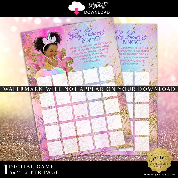 Unicorn Baby Shower Game Bingo | Afro Puffs Princess Girl. Rainbow Pink Purple Gold Turquoise Blue  5x7"/2 Per Sheet.