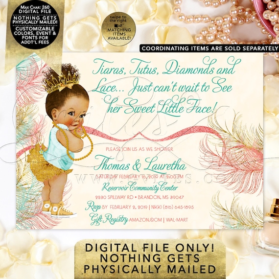 Ivory Coral Gold Baby Shower Invitation | Afro Bun Curly Girl | African American/ Ethnic Tiaras Tutus Diamonds & Lace
