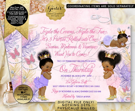 Triple Birthday Pink Lavender Gold. Ribbons Bows Diamonds and Pearls Vintage Baby Afro Puffs. Printable/Digital File. 7x5" JPG + PDF