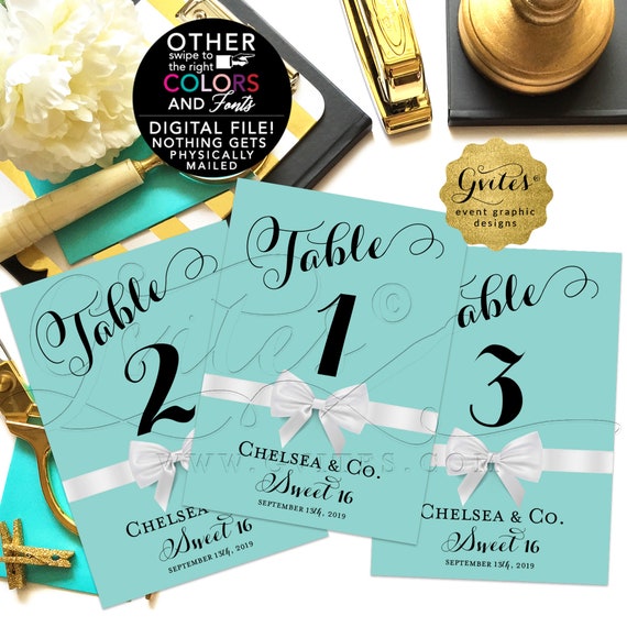 Printable Sweet 16 Table Numbers Background color is Turquoise Blue/4x6" JPG + PDF