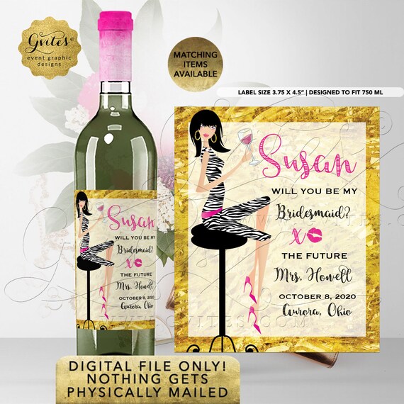 Will You Be My Bridesmaid Wine Label Hot Pink Gold | Printable Digital 3.75x4.5"/4 Per Sheet | By Gvites