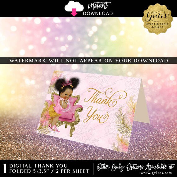 Afro Puffs Thank You Cards Pink & Gold Baby Shower Printable | Instant Download