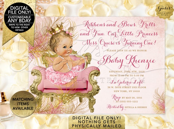 Blush Pink Gold Invitations First Birthday Royal Princess | Vintage Girl Invitation 7x5"