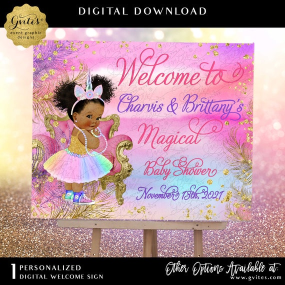 Welcome Unicorn Baby Shower Sign. Rainbow Colors/Afro Puffs Vintage Decorations. Reception Party Decoration | 20x16"