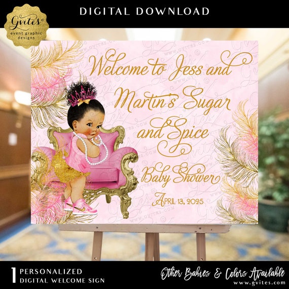 Sugar and Spice Welcome Sign | Sparkly Feathers Pink & Gold Afro Bun Princess Baby Shower