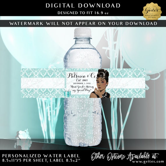 Water Bottle Labels Personalized Party Favors / Gifts Table Decorations / Audrey Hepburn African American. Any Event! 8.5x2" 5 Per Sheet