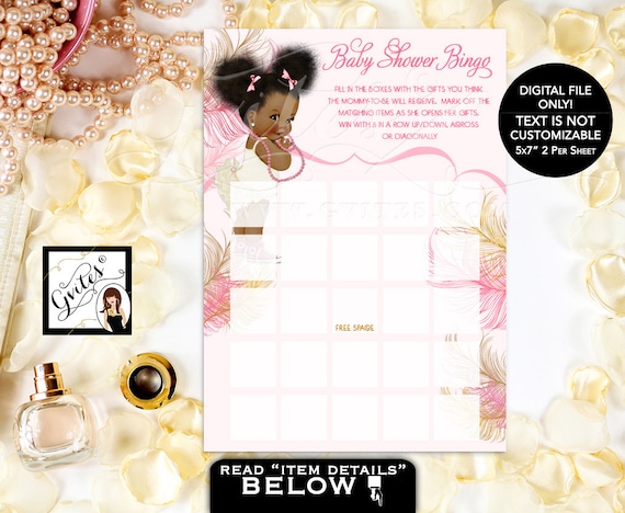 Baby Shower Games Bingo Card Pink Gold African American Baby