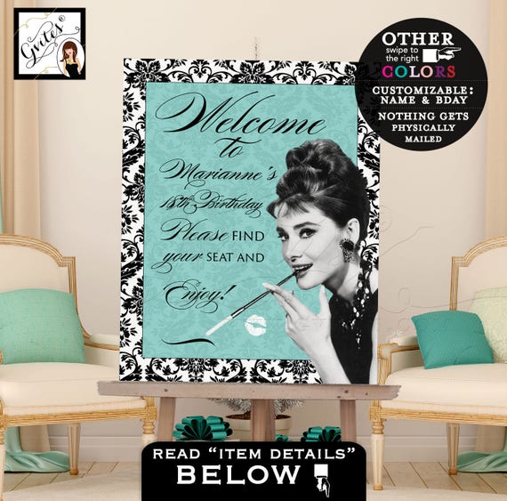 Audrey Hepburn Party Welcome Signs/ Vintage Party PRINTABLE Sign/ Turquoise Blue Party Art