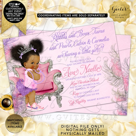 Pink and purple baby shower/ Afro Puffs Vintage Party African American Princess tiara lavender silver/ Printable 7x5" Double Sided.