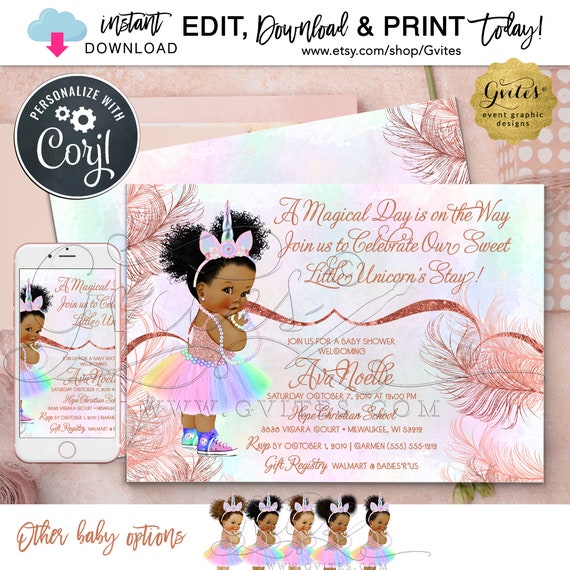 Afro Puff Unicorn Baby Shower. A Magical day is on the way! Invitation Template EDIT YOURSELF today!