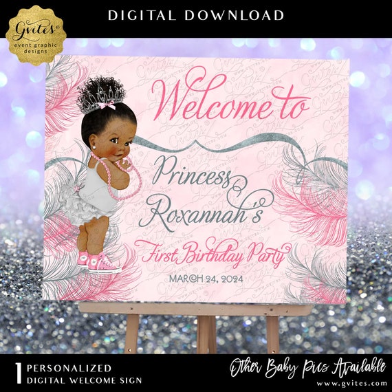 Princess Welcome Baby Sign, Pink Silver First Birthday Afro Puffs Vintage Girl Party Decoration