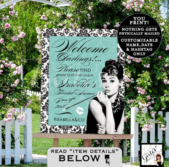 Breakfast BRIDAL SHOWER signs/ welcome poster banners/ party PRINTABLE Audrey damask welcome darlings/ find your seat/ digital custom.